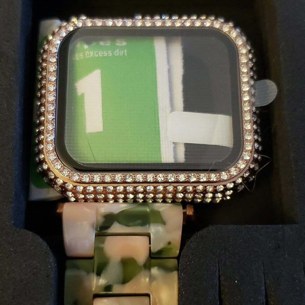 NewWays Faux Mother of Pearl Camo Link Bracelet Rose Gold & Rhinestone Case